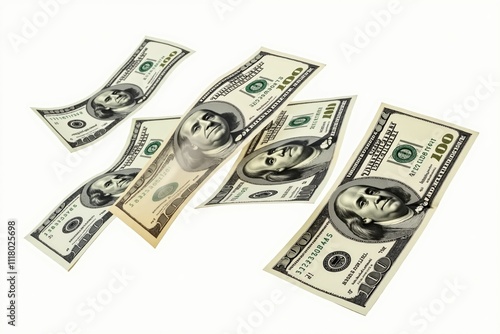 Floating american dollars: dynamic movement of 100 dollar bills on white background