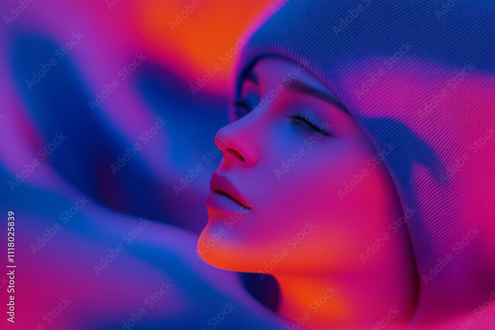 a woman with a beanie hat in a pink and blue background a woman with a beanie hat in a pink and blue background