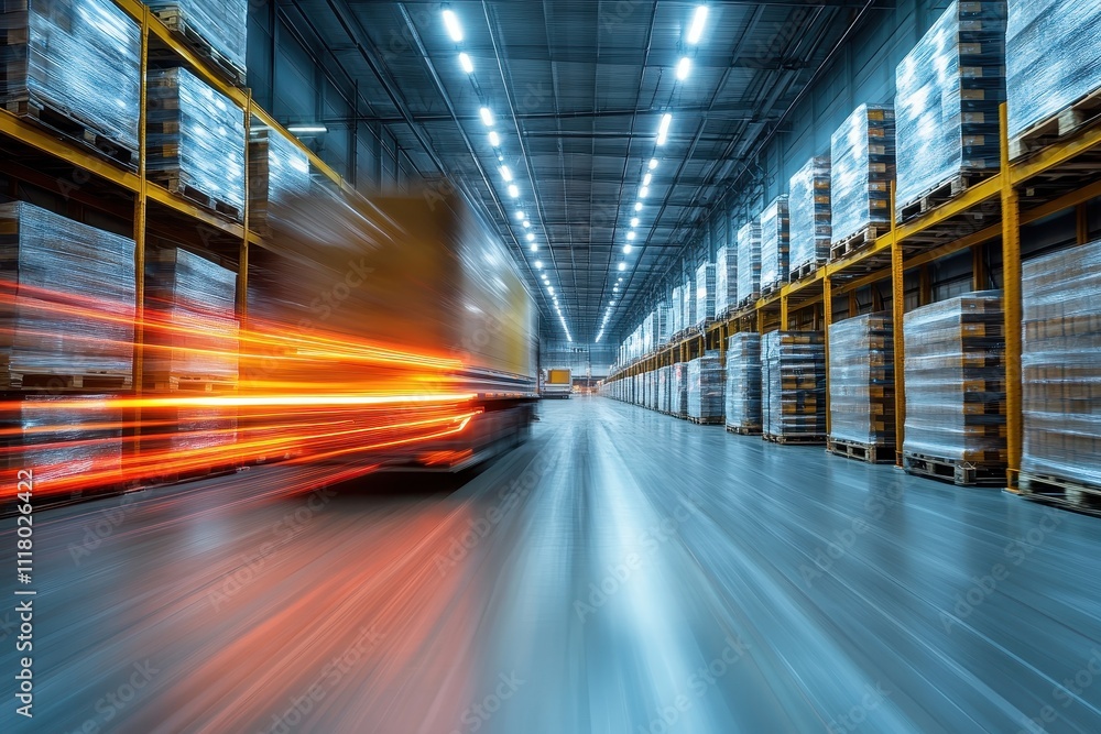 High-Speed Forklift in Motion Inside a Modern Warehouse with Stacked Pallets and Bright Overhead Lighting High-Speed Forklift in Motion Inside a Modern Warehouse with Stacked Pallets and Bright Overhead Lighting