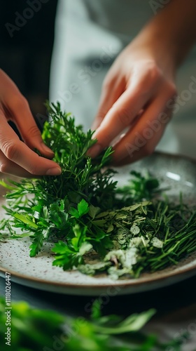 Cozy Home Cooking Vibes, Fresh Herbs Arrangement on a Plate