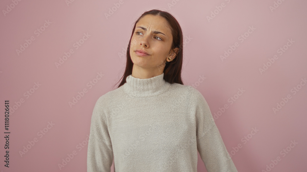 A beautiful young hispanic woman stands isolated against a pink wall, exhibiting a thoughtful and contemplative expression. A beautiful young hispanic woman stands isolated against a pink wall, exhibiting a thoughtful and contemplative expression.