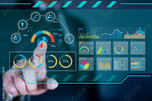 Businessman analyst manages the system database, and analysis data plans, and reports GDP marketing KPI sale. shows a dashboard chart. analytics business concept