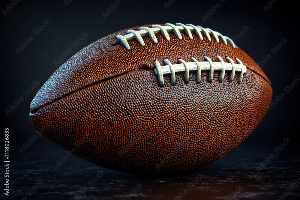 A close-up image of a textured American football on a dark background.
