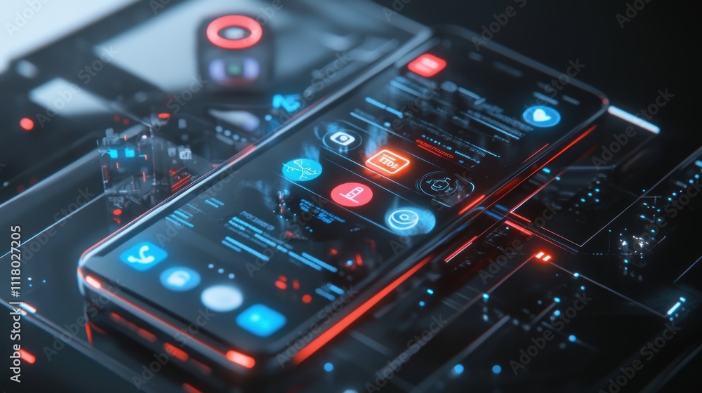 Futuristic smartphone displaying app icons and data streams. Futuristic smartphone displaying app icons and data streams.