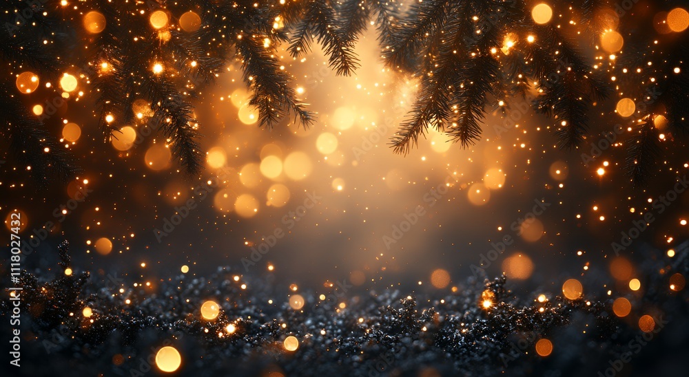 Enchanted Winter Night: Magical Golden Lights and Sparkling Snow Underneath a Pine Tree Branch Enchanted Winter Night: Magical Golden Lights and Sparkling Snow Underneath a Pine Tree Branch