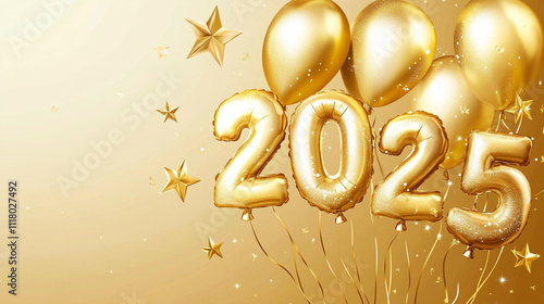 Happy New Year 2025 Shiny background with balloon and star vector Happy New Year 2025 text design. New year 2025 vector design with realistic 3D numbers. photo