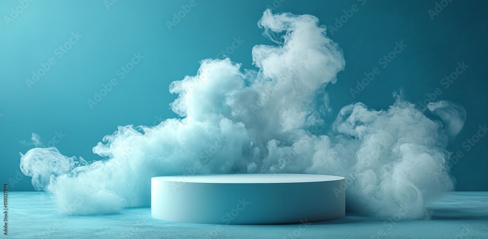 This depicts a white cylindrical product podium with smoke clouds in a pastel blue studio interior, featuring a realistic 3D sky-style platform with steam. This depicts a white cylindrical product podium with smoke clouds in a pastel blue studio interior, featuring a realistic 3D sky-style platform with steam.