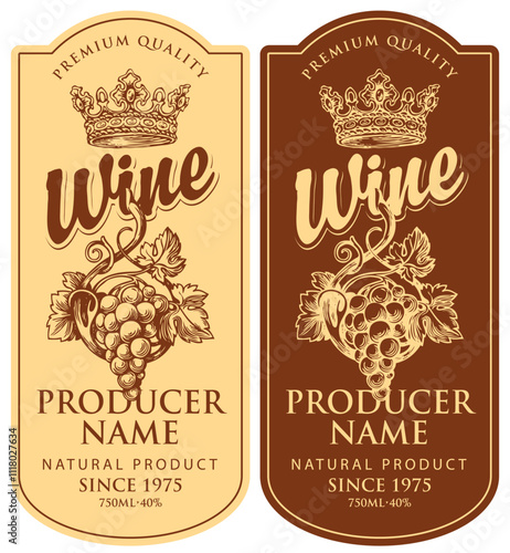 set Vector wine labels with hand-drawn bunches of grapes, crowns and calligraphic inscriptions in retro style