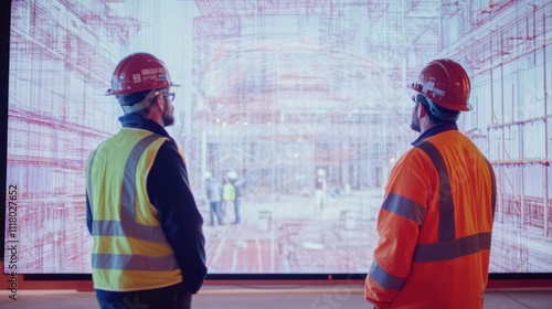 Two construction workers reviewing building plans on a large screen. photo