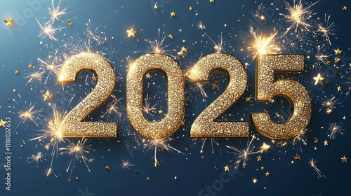 We wish you a Happy New Year 2025. Modern 3d concept design. with 3D colorful numbers 2025 with gold shadow and sparkling star fireworks on blue background. photo