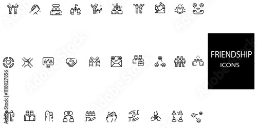 Friendship simple concept 30 icons set. Contains such friends, group of friend, socialize, friendly, cheers, trust.Vector illustration.