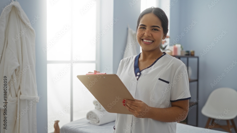 Woman smiling in a clinic with clipboard wearing uniform in a hospital room with bright decor and robes hanging, suggesting a clean and professional healthcare environment. Woman smiling in a clinic with clipboard wearing uniform in a hospital room with bright decor and robes hanging, suggesting a clean and professional healthcare environment.