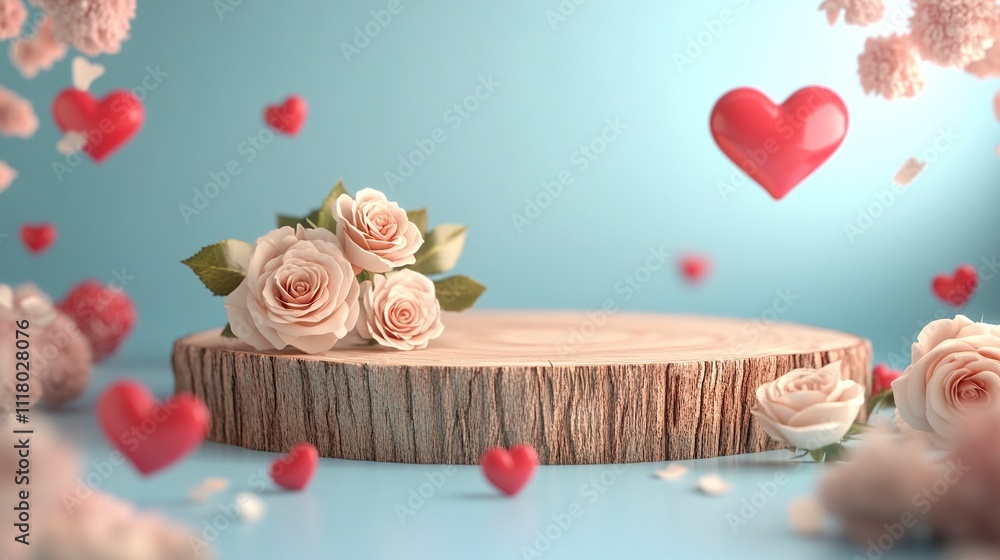 Valentine's day background with empty wooden log, rose flowers and heart shapes. Holiday mock up for design and product display.
