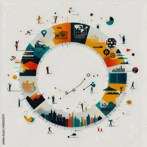 Circular infographic design featuring diverse business activities, finance metrics, data analysis, and productivity themes in a modern and colorful illustration