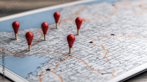 Red pins highlight selected locations on a blue map of the USA, illustrating travel planning and destination choices across the country photo