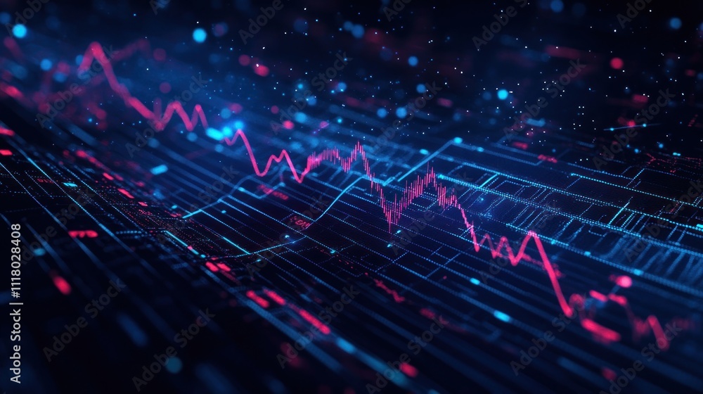 Abstract digital stock market graph with glowing lines and data points on a dark background. Abstract digital stock market graph with glowing lines and data points on a dark background.