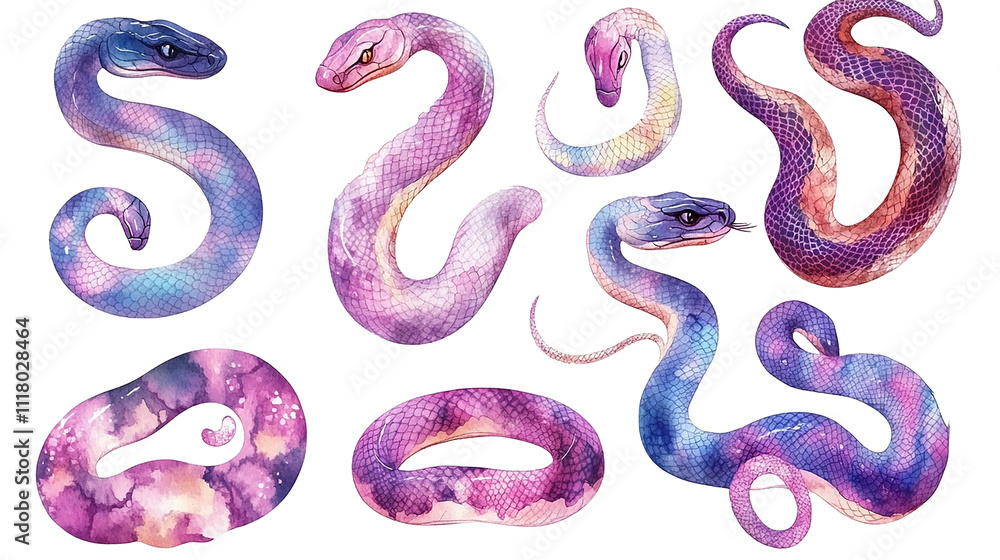Set with watercolor snakes zodiac symbol celebrating the Lunar Chinese New Year 2025 vector illustration Set with watercolor snakes zodiac symbol celebrating the Lunar Chinese New Year 2025 vector illustration