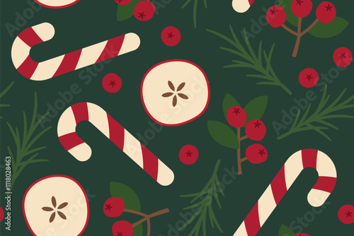 winter, christmas seamless pattern with rosemary leaves, candy canes, cranberries and dried apples- vector illustration