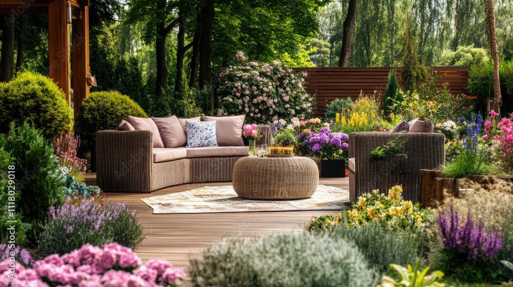 Lush garden with wicker patio furniture, flowers, and plants. Lush garden with wicker patio furniture, flowers, and plants.