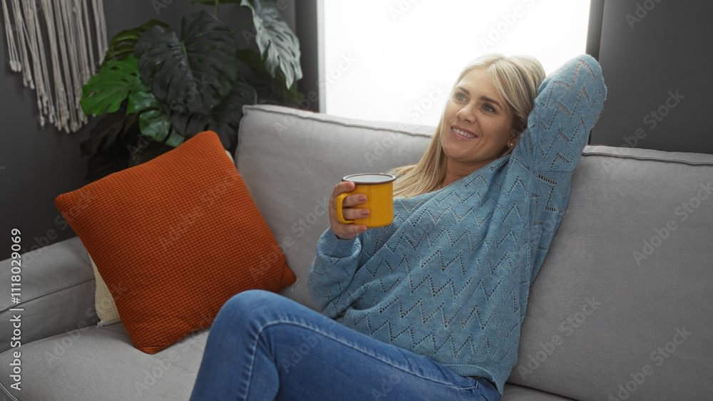 Woman relaxing on sofa in cozy living room with orange pillow, wearing casual blue sweater, holding yellow mug, enjoying leisure time indoors. Woman relaxing on sofa in cozy living room with orange pillow, wearing casual blue sweater, holding yellow mug, enjoying leisure time indoors.
