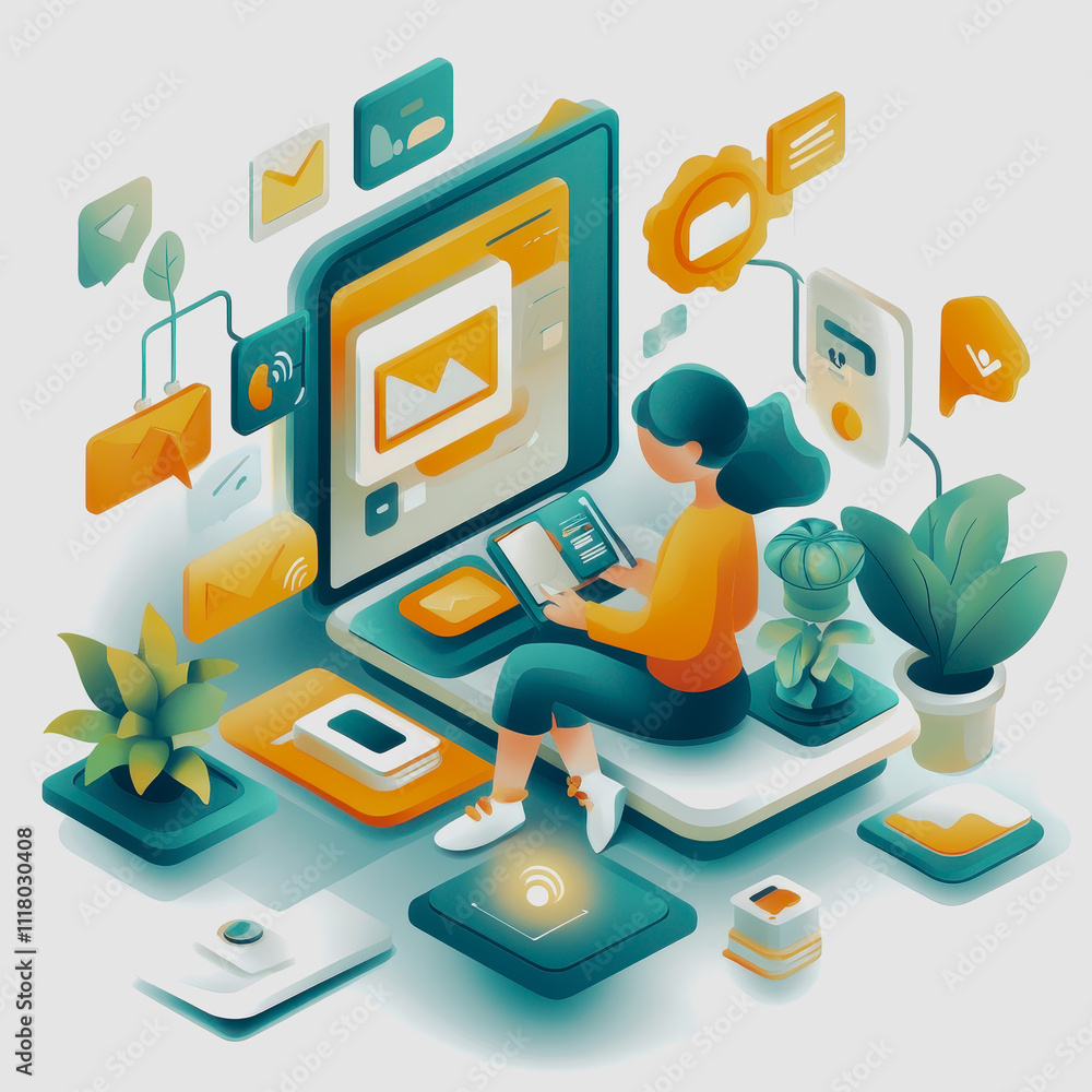 Obraz premium Modern Digital Workspace with Woman Reading on Tablet Surrounded by Plants and Floating Icons Signifying Communication and Creativity