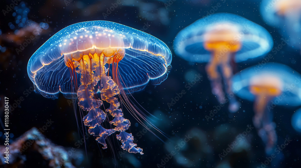 Obraz premium Glowing jellyfish swimming gracefully in deep blue ocean waters