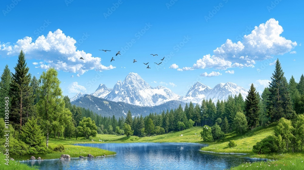 A tranquil setting with mountains, trees, and a lake under an unclouded sky. A tranquil setting with mountains, trees, and a lake under an unclouded sky.