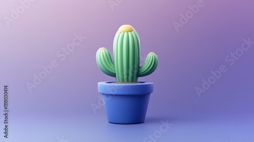 Vibrant Ceramic Cactus in Blue Pot on Purple Gradient Background