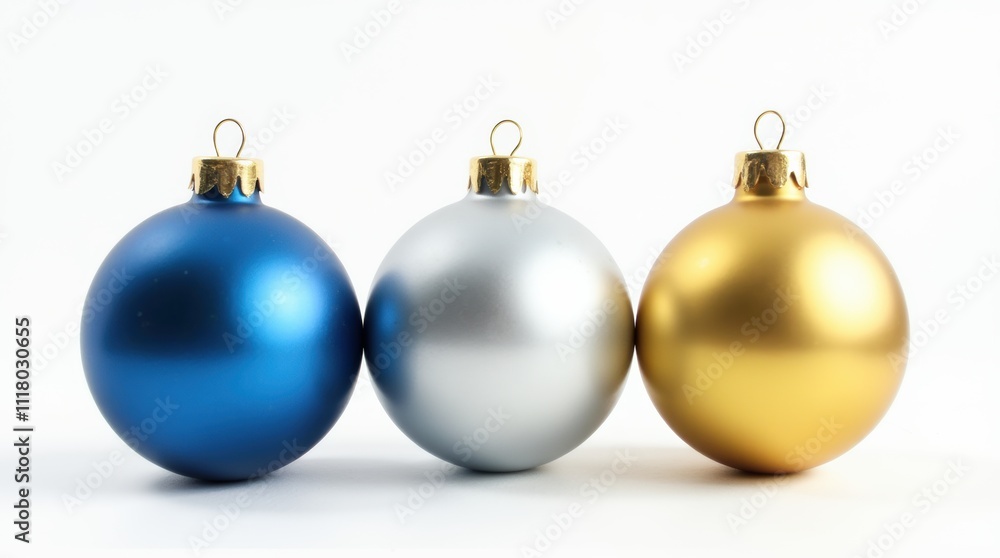 Three Christmas ornaments in blue, silver, and gold on a white background Three Christmas ornaments in blue, silver, and gold on a white background