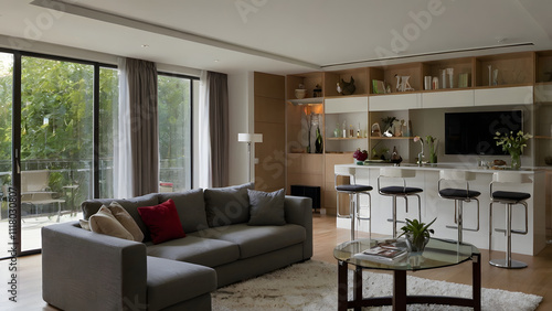 Wallpaper Mural Arafed living room with a couch, table, chairs, and a bar Torontodigital.ca