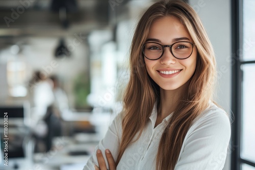 Portrait collection of a joyful young businesswoman in a casual office environment