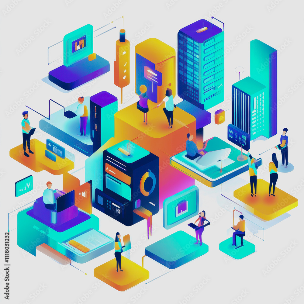 Vibrant Digital Landscape with Abstract Figures Interacting Amidst Modern Technology and Diverse Color Schemes for Creative Concepts Vibrant Digital Landscape with Abstract Figures Interacting Amidst Modern Technology and Diverse Color Schemes for Creative Concepts