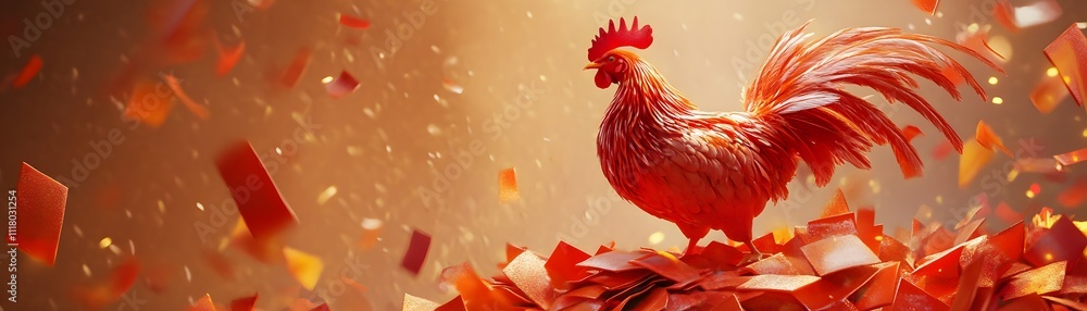 Fototapeta premium Vibrant rooster standing proud amidst colorful confetti.