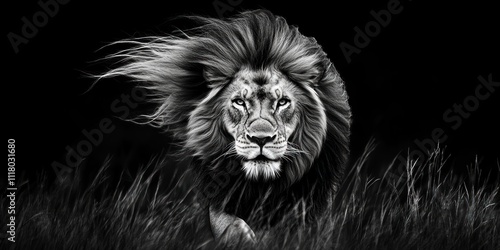 Majestic lion with windswept mane, in black and white, walking through tall grass.