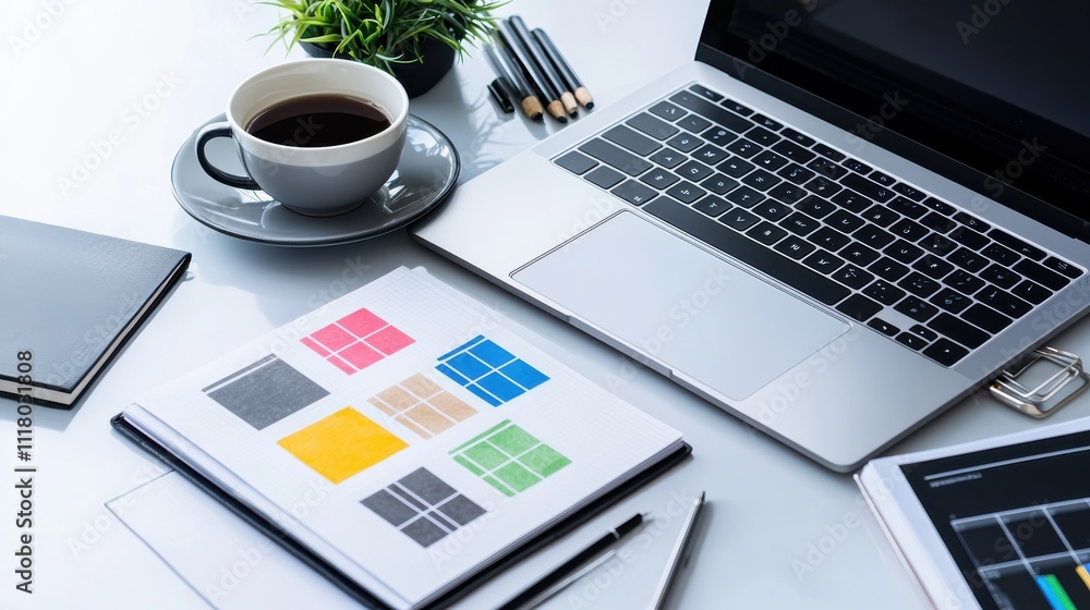Overhead view of a designers desk with an open laptop displaying a UX design tool,