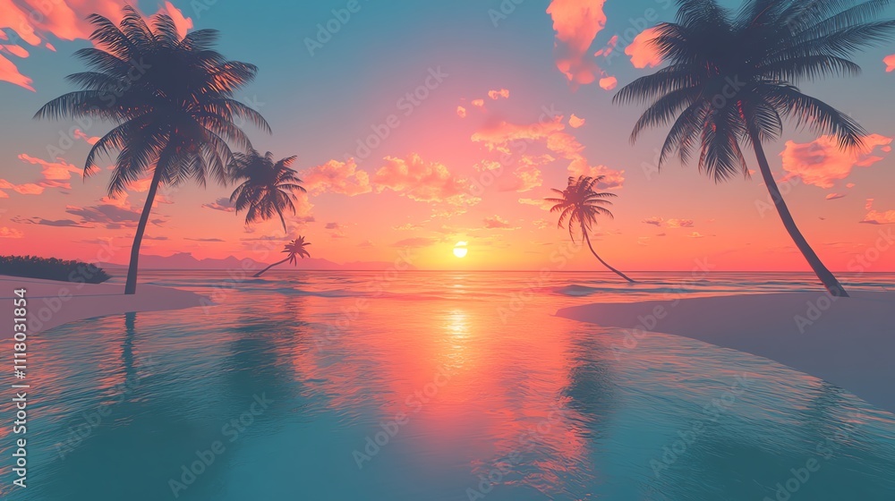 Obraz premium A breathtaking tropical sunset over a serene beach with palms.