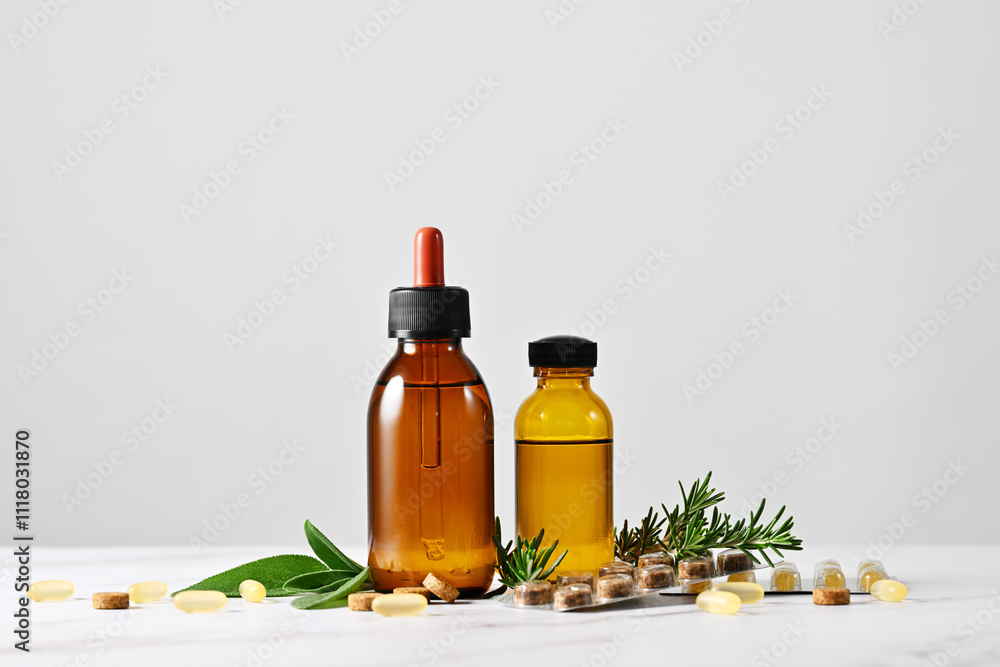 Bottles with herbal syrup or oil with organic pills Bottles with herbal syrup or oil with organic pills