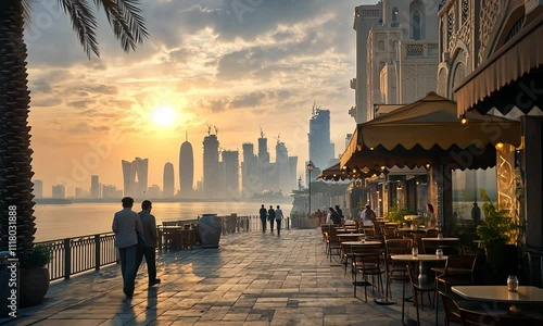 Scenic waterfront at sunset with city skyline.