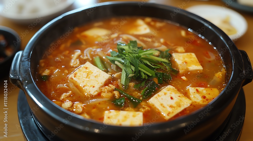 A delicious bowl of spicy tofu soup with fresh vegetables. A delicious bowl of spicy tofu soup with fresh vegetables.