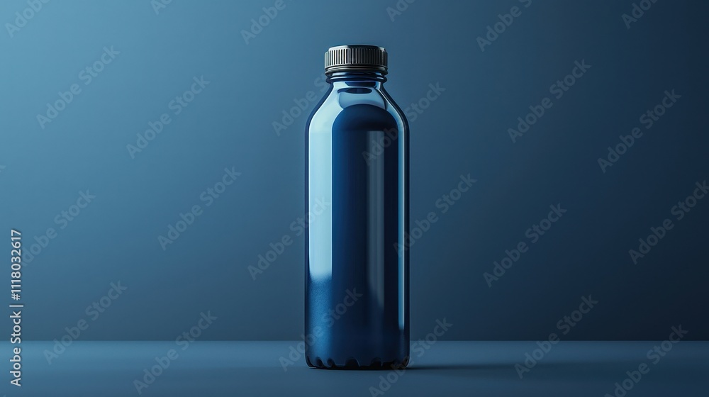 A sleek blue bottle with a golden cap stands against a dark background, showcasing its reflective surface and modern design. A sleek blue bottle with a golden cap stands against a dark background, showcasing its reflective surface and modern design.