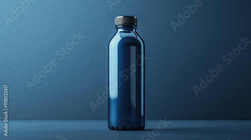 A sleek blue bottle with a golden cap stands against a dark background, showcasing its reflective surface and modern design.