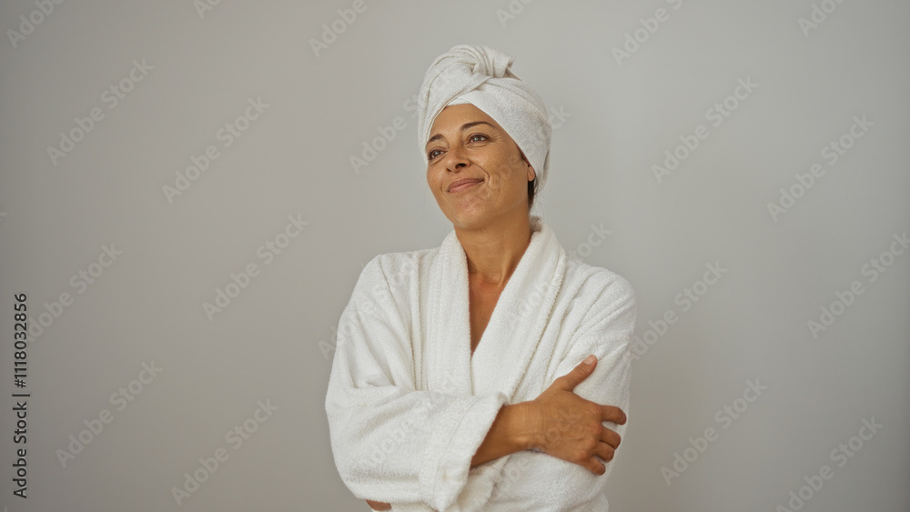 Middle age woman wearing bathrobe with a towel on her head, isolated against a white background, looking content and serene. Middle age woman wearing bathrobe with a towel on her head, isolated against a white background, looking content and serene.