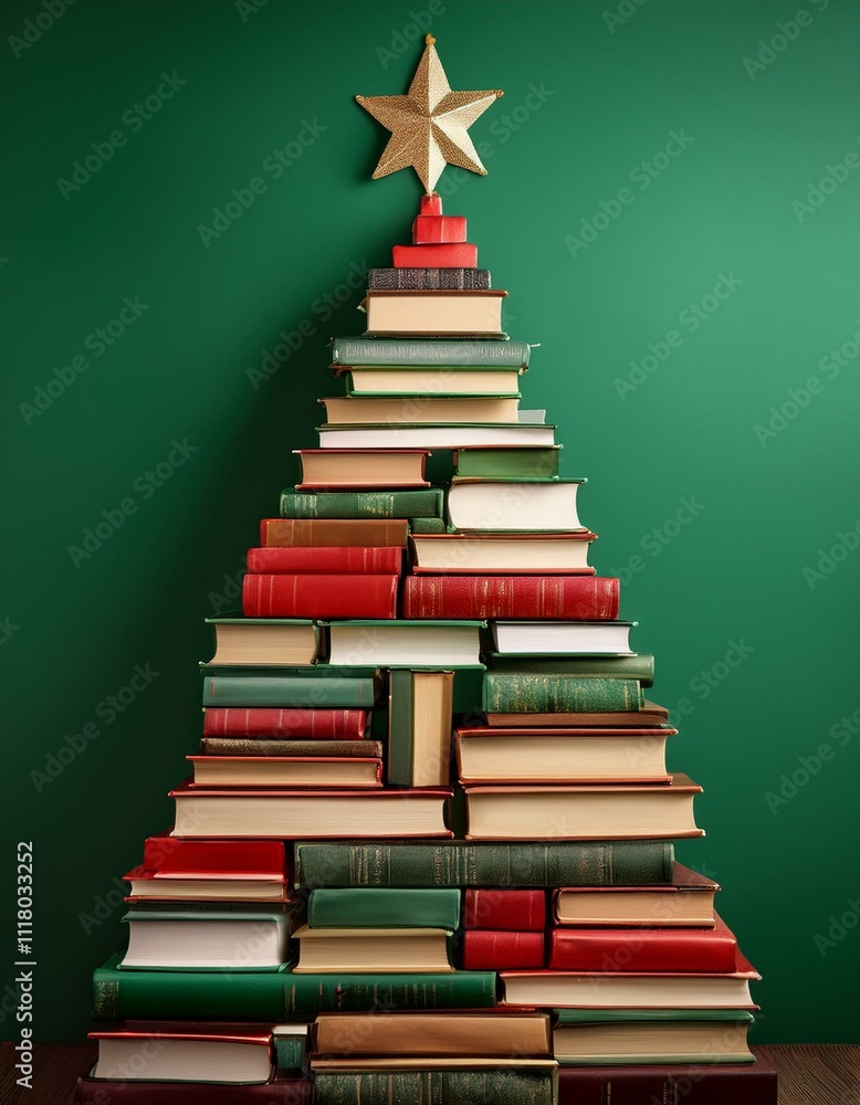 Christmas tree made of books, Christmas concept representing the holiday season Christmas tree made of books, Christmas concept representing the holiday season