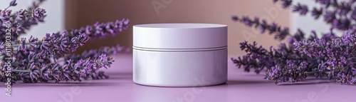 A minimalist skincare jar surrounded by lavender flowers on a soft purple surface, evoking a calming and natural beauty aesthetic.