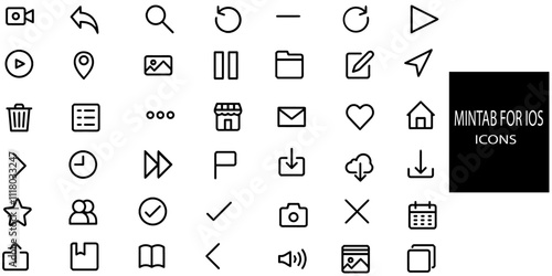 Mintab for ios simple concept 42 icons set. Contains such search,home, location,image,note,video. Vector illustration.