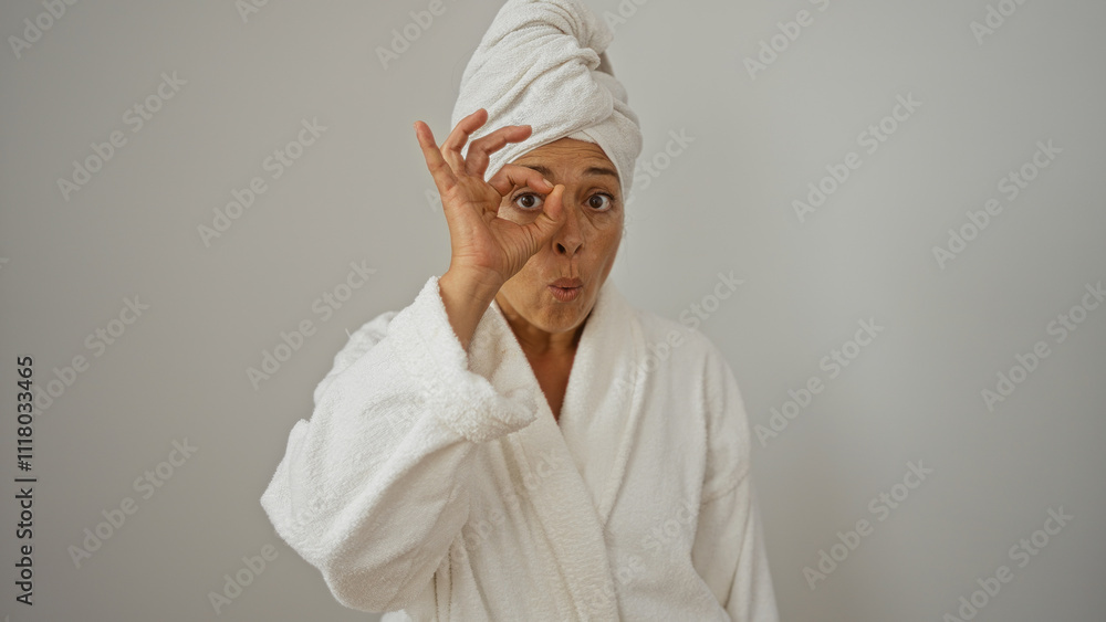 Woman in bathrobe with a towel on her head making an ok gesture on a white background. Woman in bathrobe with a towel on her head making an ok gesture on a white background.
