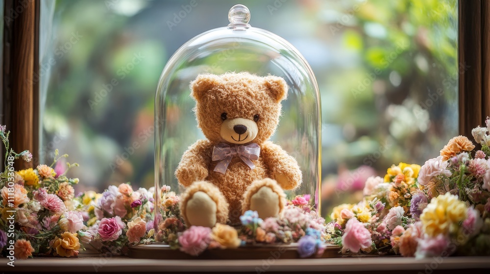Enchanting Teddy Bear in Bell Jar with Pastel Flowers - Whimsical and Cozy Precious Display Enchanting Teddy Bear in Bell Jar with Pastel Flowers - Whimsical and Cozy Precious Display