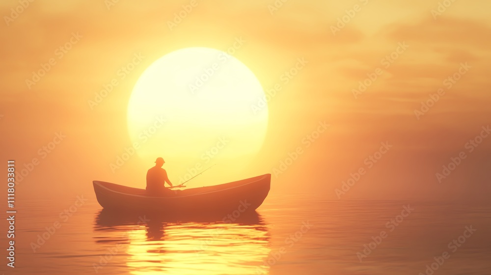 A peaceful sunset view of a lone fisherman on a tranquil lake. A peaceful sunset view of a lone fisherman on a tranquil lake.
