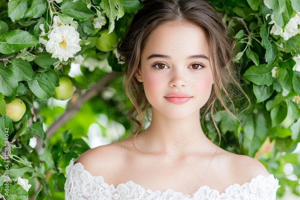A young woman, enveloped in vibrant foliage, exuding beauty and tranquility. A young woman, enveloped in vibrant foliage, exuding beauty and tranquility.