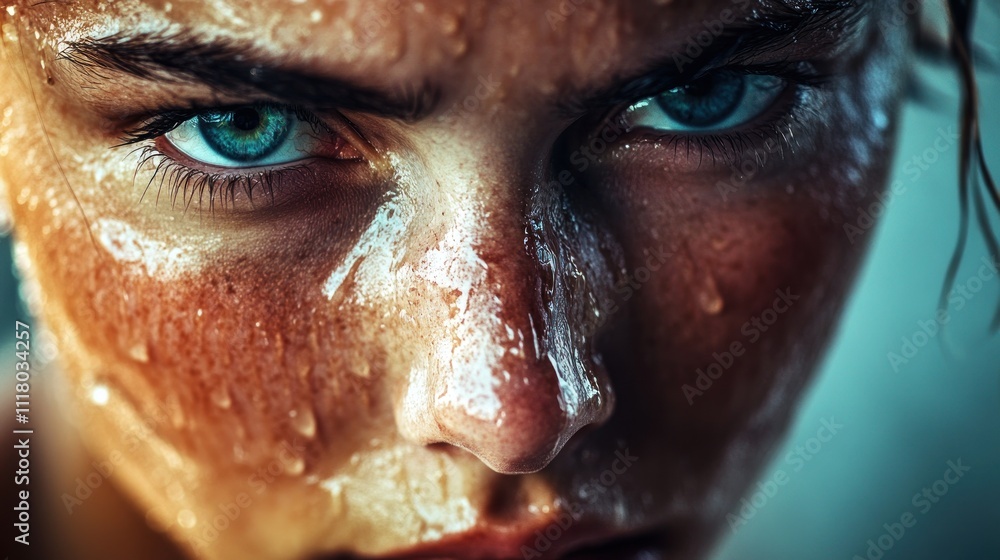 Close-up Portrait of a Sweaty Woman with Intense Gaze Close-up Portrait of a Sweaty Woman with Intense Gaze